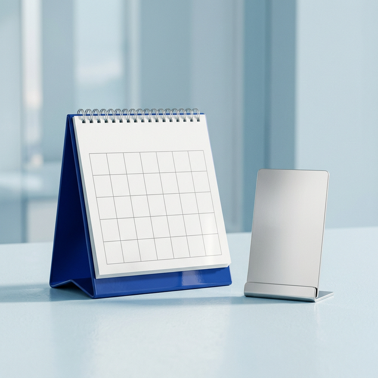 Original conceptual illustration: a desk calendar and saved-response card, representing recording dates and checking later. Not a broker screenshot.