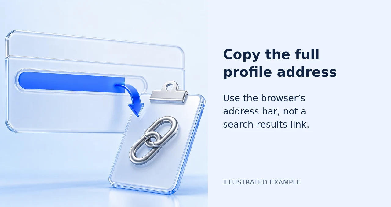 Illustration of a selected browser address being copied to a clipboard. Copy the full profile address from the address bar, not a search-results link.