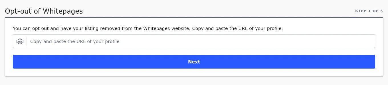 Whitepages' first suppression screen showing the profile URL field and blue Next button.