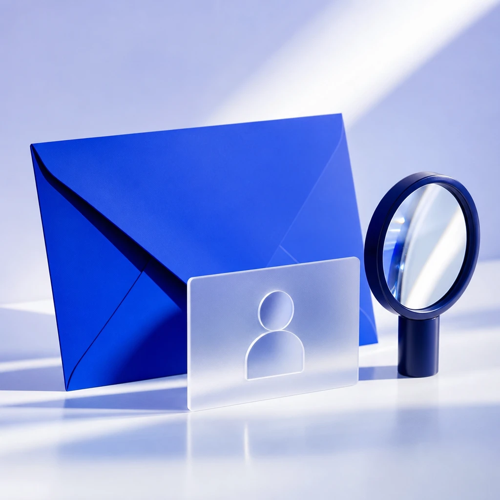 Original conceptual artwork of an envelope, anonymous identity card and magnifying lens representing careful identity checks.