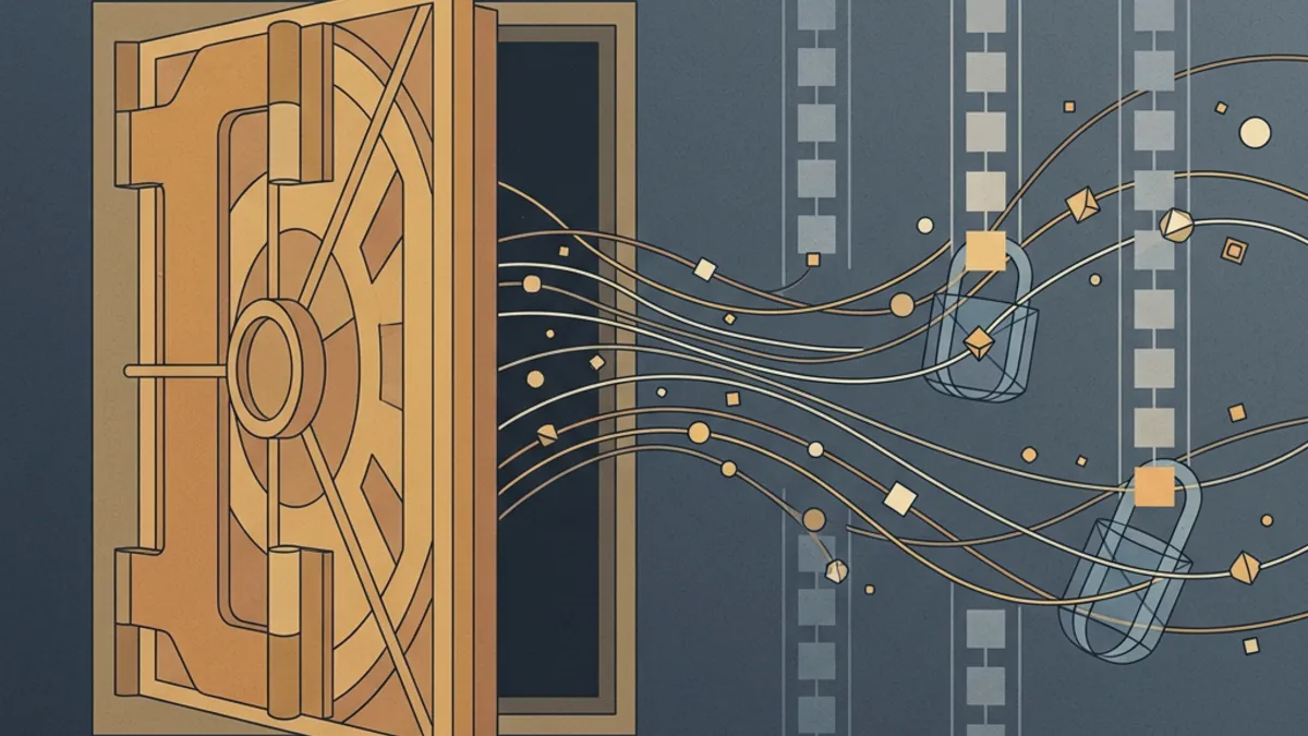 Original editorial illustration of tokens flowing from an open vault, some held by padlock rings. Not a screenshot, transaction record or evidence of the incident.